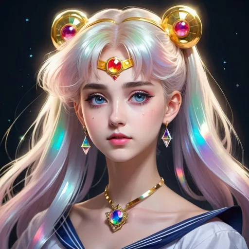 Prompt: beautiful Girl, Sailor moon style,prism melancholy expression,brilliance, jewelry, portrait, game original painting, anime character concept design, beautiful face, sacred, long transparent iridescent GB hair, reflections transparent iridescent colors on her hair, highly detailed
