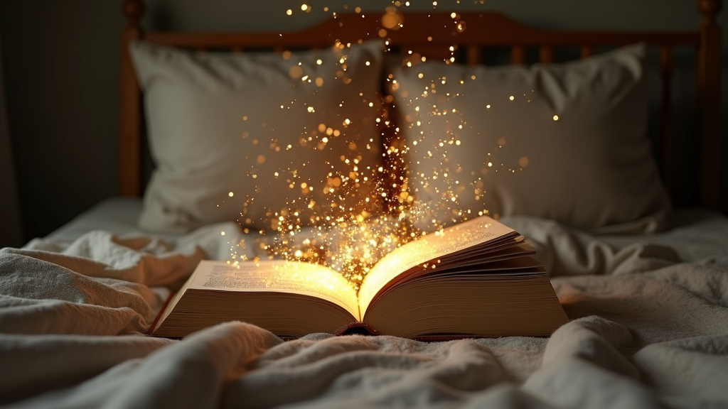 Prompt: reading a book in a dark bedroom and bright wonders coming out of the book, image overlay, double exposure, beige colors