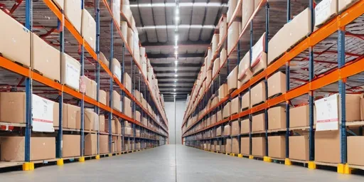Prompt: In a large warehouse. There is a passage in the middle inside. Both sides are filled with goods, both of which are cardboard boxes with TE connectors. The warehouse is very large and the products are arranged very neatly