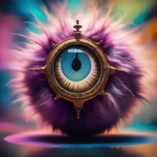 Prompt: A fuzzy hairball with eyes, each eye looking in different directions to create an unsettling effect. The hairball seems to float in an ambiguous space, with its shape softly morphing and stretching in impossible ways, echoing the fluid forms of Salvador Dali’s clocks. The background is a blur of dream-like colors, enhancing the eerie and otherworldly feel.