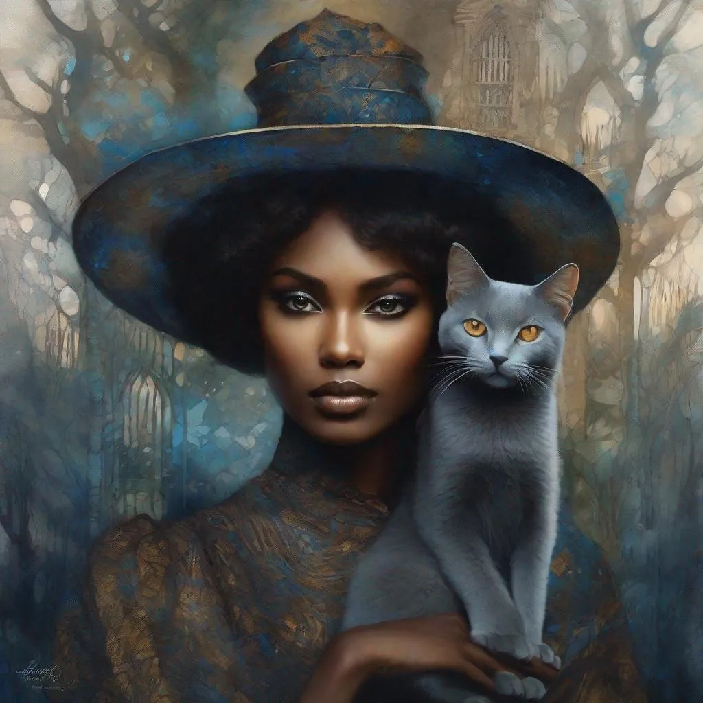 Prompt: A beautiful african american mysterious gothic witch and her magical cat art style by Agnieszka Lorek, Edward Robert Hughes, Lalla Essaydi, Rimel Neffati, Ryoichi Kurokawa, Mikalojus Konstantinas Ciurlionis. Ethereal gloomy mood, Mixed media, guache, beautiful realistic eyes, watercolor and ink, impressionist, 3d, volumetric lighting.