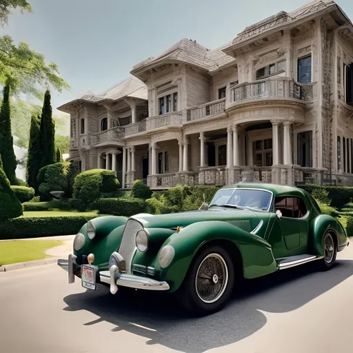 Prompt: Extremely handsome man multi cultural  a strong broad shoulders, muscular chest, green gray eyes light facial hair. Sitting in front of a large mansion with a vintage car parked out front.