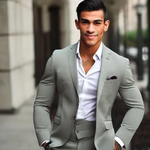 Prompt: Muscular handsome multi cultural broad chest, with green gray eyes well dressed.