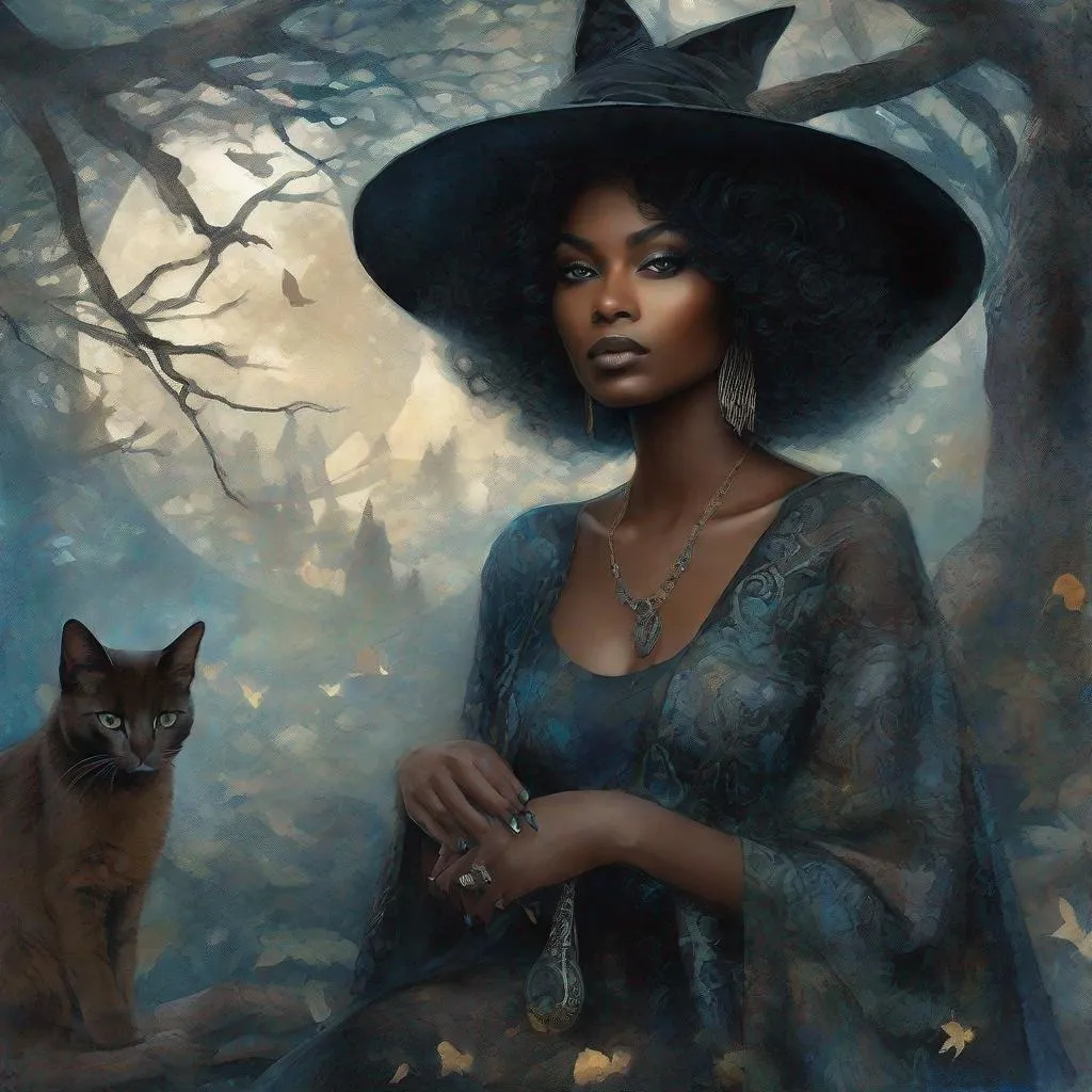 Prompt: A beautiful african american mysterious gothic witch and her magical cat art style by Agnieszka Lorek, Edward Robert Hughes, Lalla Essaydi, Rimel Neffati, Ryoichi Kurokawa, Mikalojus Konstantinas Ciurlionis. Ethereal gloomy mood, Mixed media, guache, beautiful realistic eyes, watercolor and ink, impressionist, 3d, volumetric lighting.