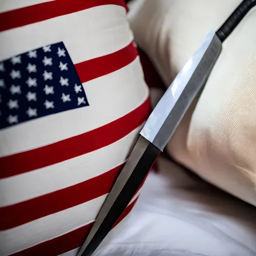 Prompt: Sharp dagger stabbing a pillow with the American flag on it.