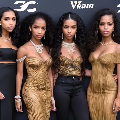 Prompt: Three young beautiful light skin African american girls with long wavy black hair 
Two younger beautiful darker skin African american girls with long curly black hair all wearing expensive clothing and diamonds rubies emeralds sapphire s gold platinum jewelry