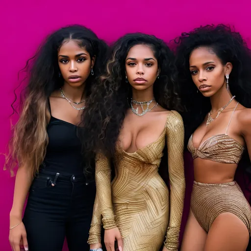 Prompt: Three young beautiful light skin African american girls with long wavy black hair 
Two younger beautiful darker skin African american girls with long curly black hair all wearing expensive clothing and diamonds rubies emeralds sapphire s gold platinum jewelry