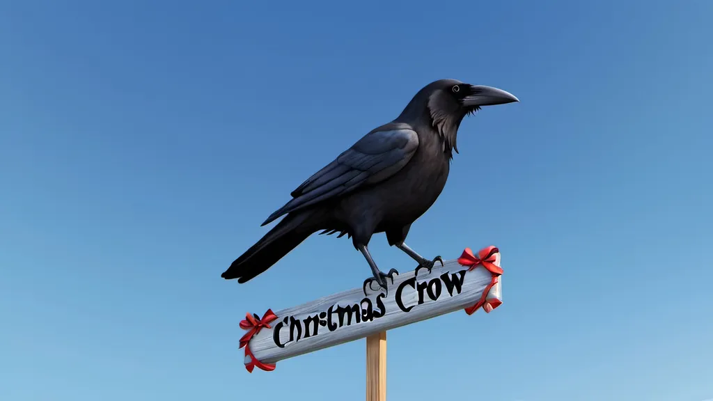 Prompt: Christmas decorations around the crow Christmas design on the sign