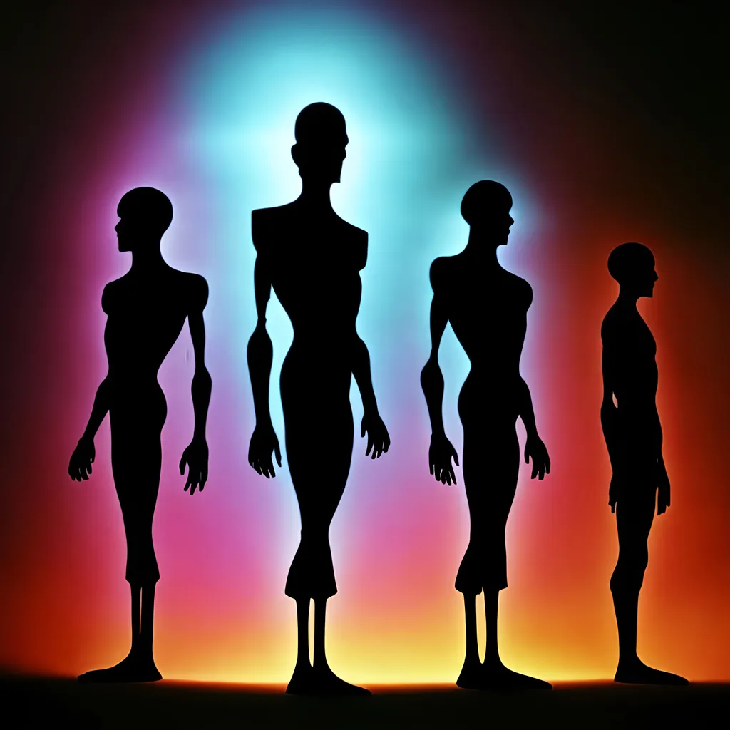 Prompt: Three ten foot tall Shadow solid black inter dimensional beings stand in forground