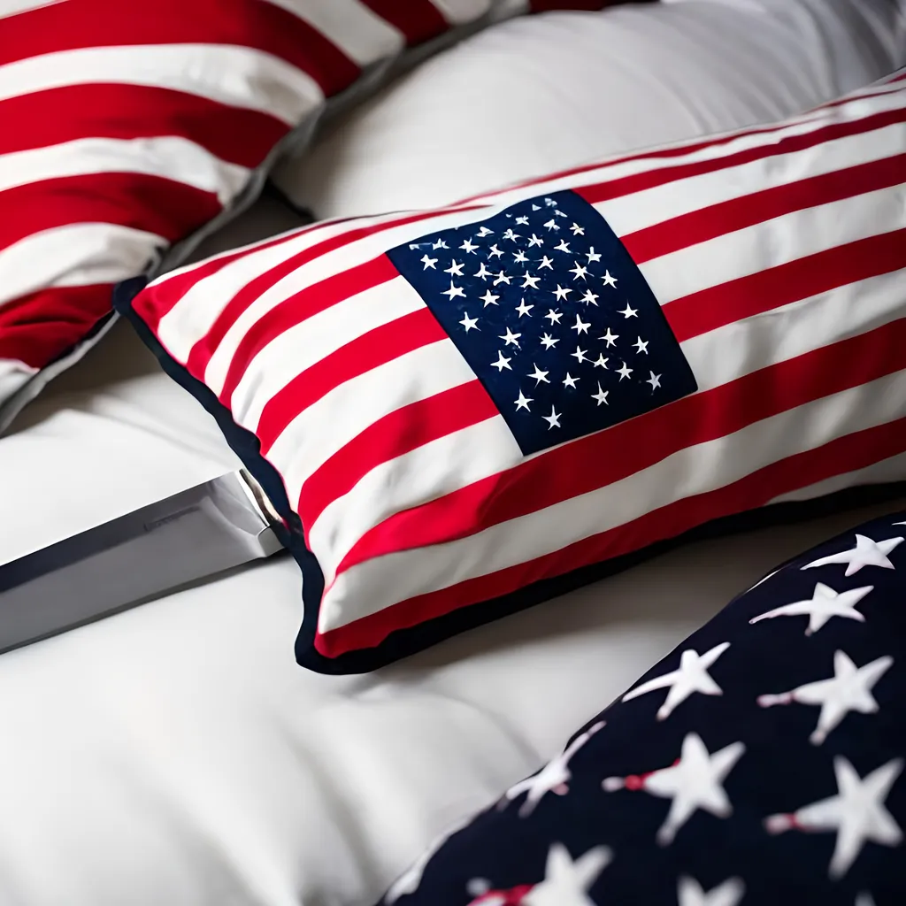 Prompt: Sharp dagger stabbing a pillow with the American flag on it.