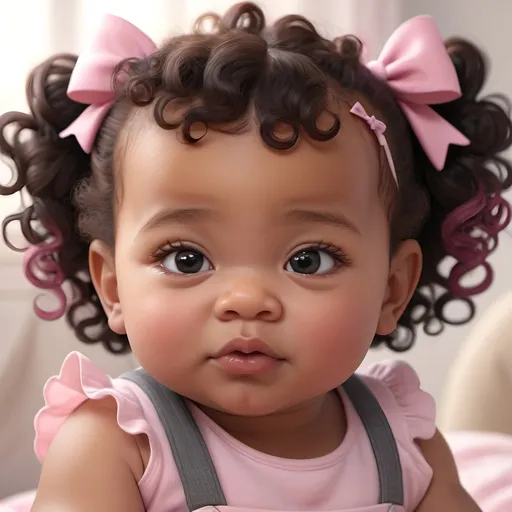 Prompt: Detailed 3d animation of a one-year-old baby girl, caramel skin with curly hair, chubby cheeks, pink hair bows, black hair, 
bright and curious eyes, soft and gentle lighting, warm tones, realistic oil painting, high quality, detailed features, curly hair, chubby cheeks, soft and gentle lighting