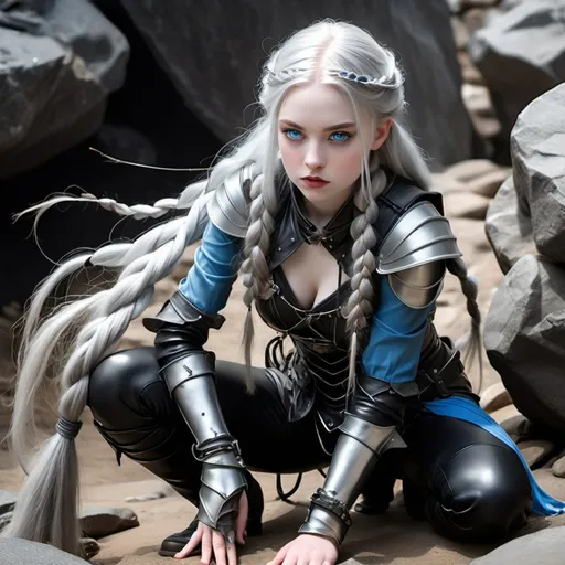 Prompt: A nymph with pale skin, rosy cheeks and lips, and long silver hair in three long and intricate braids. Show both of her wide grey blue eyes rimmed in dark lashes open as she crouches on a rocky surface wielding a silver bow with the string drawn. She is wearing a leather armor vest over a blue silk shirt, and dark leather fitted pants tucked into black boots. Her ears are pointed, and she has high cheekbones. She looks ethereal, but she also has curves. Behind her, lighting strikes in the distance, and she is surrounded by a very faint purple aura.