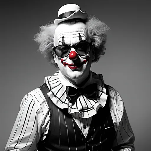 Prompt: art the clown in black and white wearing sunglasses holding a body