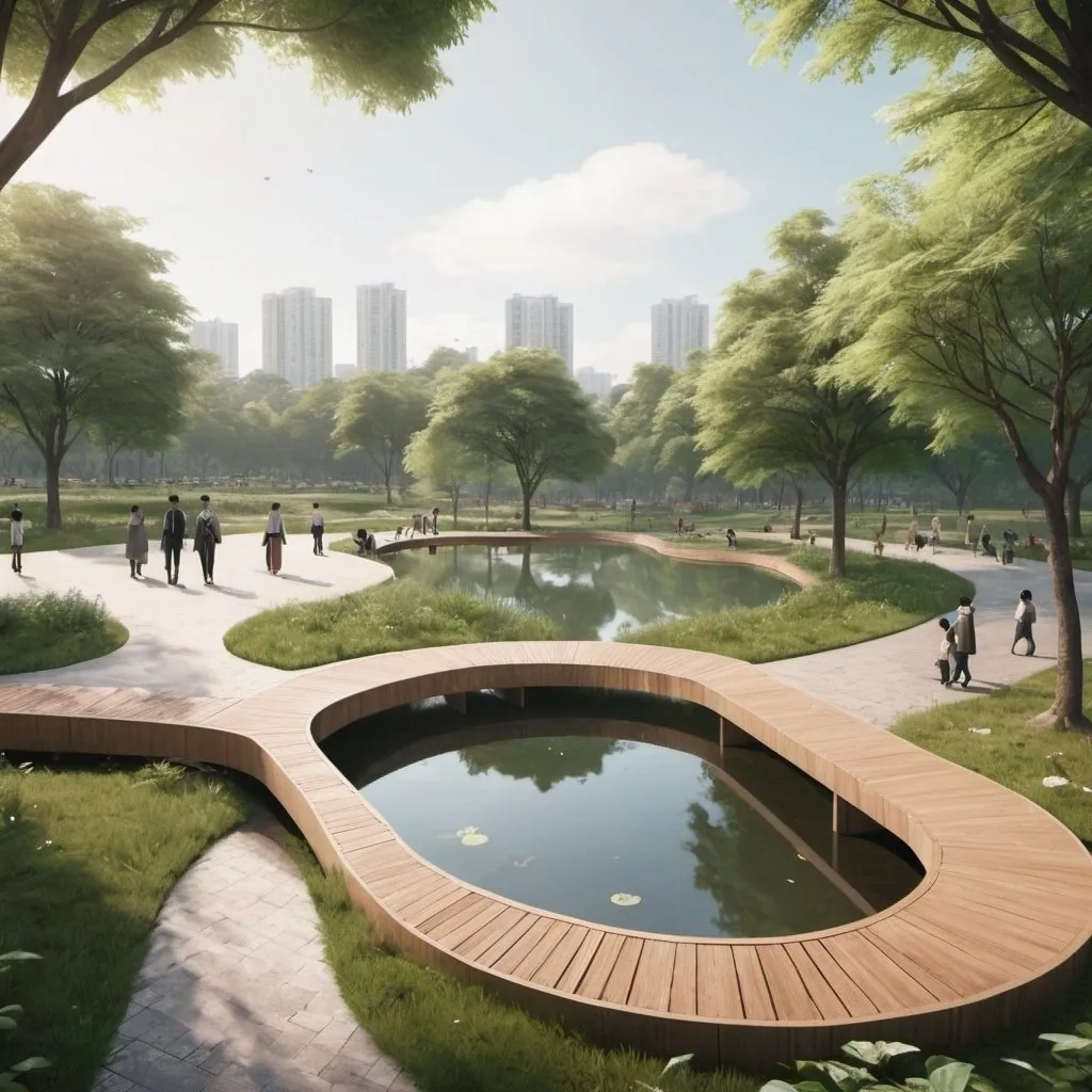 Prompt: a wooden walkway in a park with a circular bench and a pond in the middle of it and people walking around, Cui Bai, hypermodernism, utopian, a digital rendering