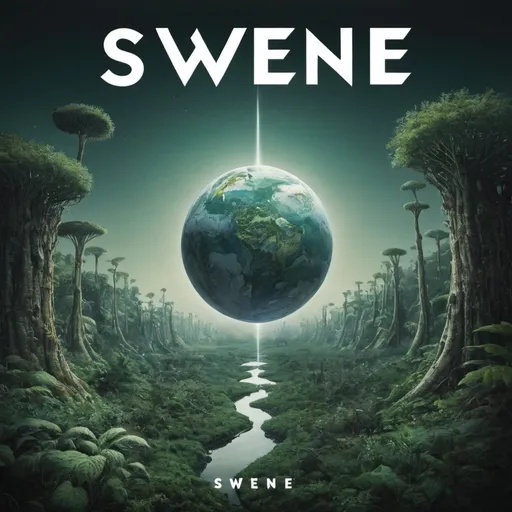 Prompt: Album cover, cool, on a weird biome, with a text "Swene" on the middle