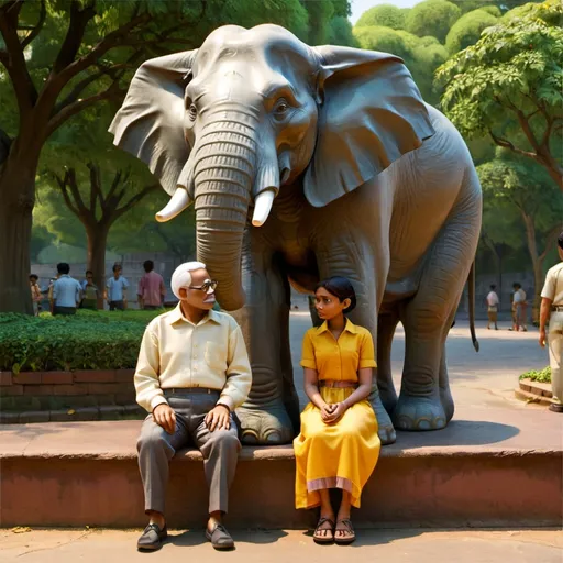 Prompt: a man and a woman sitting on a bench in front of a statue of an elephant and a man, Bhupen Khakhar, bengal school of art, architecture, a photocopy