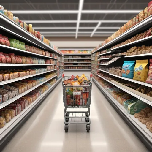 Prompt: Create a hyper-realistic image of a grocery aisle filled with snacks and a shopper having a hard time deciding what to buy while pushing a cart