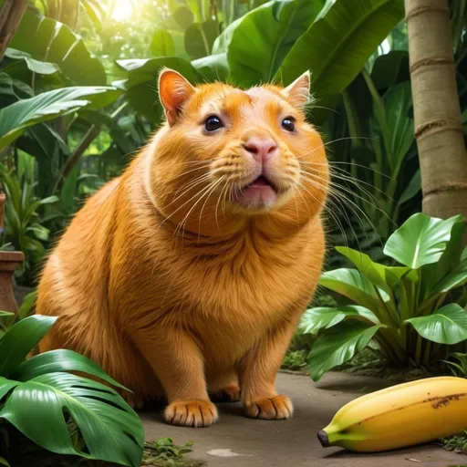 Prompt: Cat this cat lives in Capybara he loves to eat bananas and he is orange he is very fat