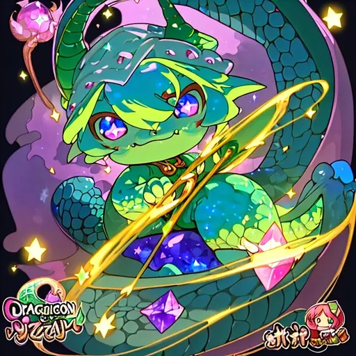 Prompt: (chibi dragon wizard), vibrant colors, magical atmosphere, cute and playful design, sparkling spells gently swirling around, detailed scales and oversized eyes, wearing a tiny wizard hat with stars, holding a wand, set against a whimsical background of enchanted forests and glowing crystals, (ultra-detailed), charming character with a joyful expression.