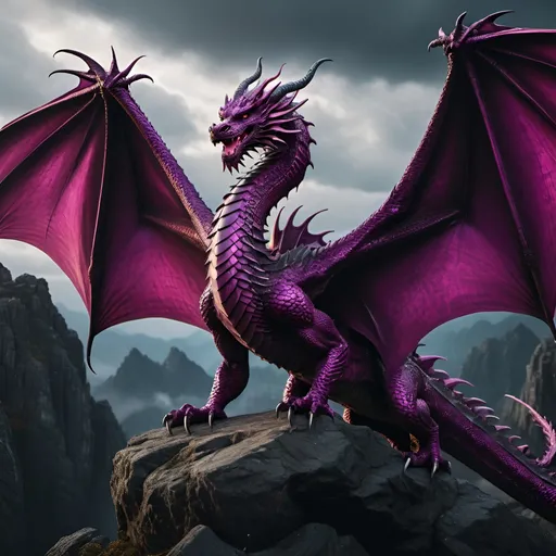Prompt: (stunning and majestic flying dragon), primary color (deep magenta), hints of (black) for contrast, dynamic and (elegant pose), intricate scales, majestic wings, inspired by (House of the Dragon), cinematic masterpiece, (dramatic cool lighting), highly detailed textures, (4K) resolution, moody and epic atmosphere, high depth, grand and striking background, fantasy artistry, (ultra-detailed), visually captivating, enchanting scenery.