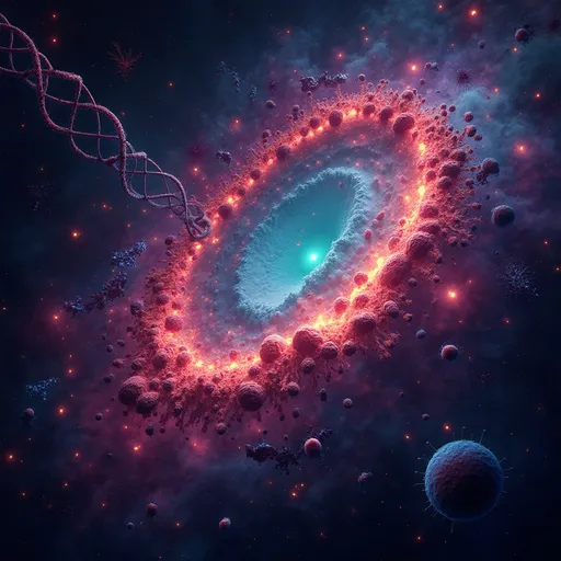 Prompt: A vibrant galaxy swirling in deep space, made of glowing microbial shapes — bacteria, viruses, and cells in red, blue, green, and purple. Cosmic background with stars, nebulae, and floating DNA strands. Artistic style, high contrast, fantasy microbiology universe. Space meets science fiction