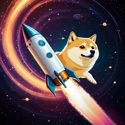 Prompt: Futuristic digital illustration of Dogecoin rocketing through space, sleek and metallic design, Dogecoin logo prominently featured, high-tech rocket with cool reflections, vibrant space background with stars and nebulas, rocket zooming with motion blur, high quality, futuristic, digital art, sleek design, vibrant colors, detailed rocket, space theme, futuristic style, dynamic composition, professional, space lighting