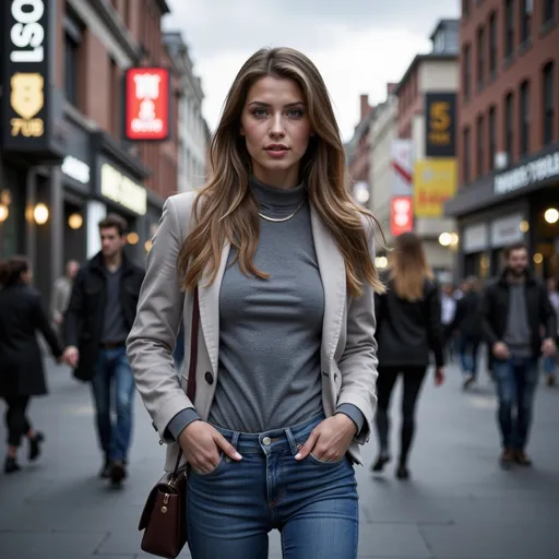 Prompt: Tall young woman walking down the high street, detailed clothing, realistic, natural lighting