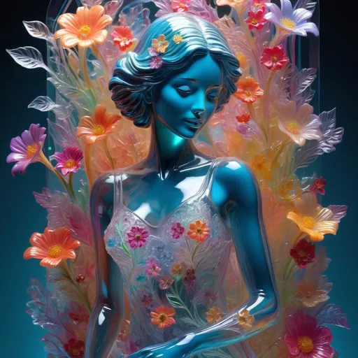 Prompt: (vibrant transparent glass sculpture of a woman with flowers), (intricate details), surreal, colorful background, breathtaking contrast, brilliant hues blending harmoniously, enchanting atmosphere, ethereal glow, luminescent colors, whimsical and imaginative scene, high resolution, ultra-detailed, artistic masterpiece, captivating visual appeal.