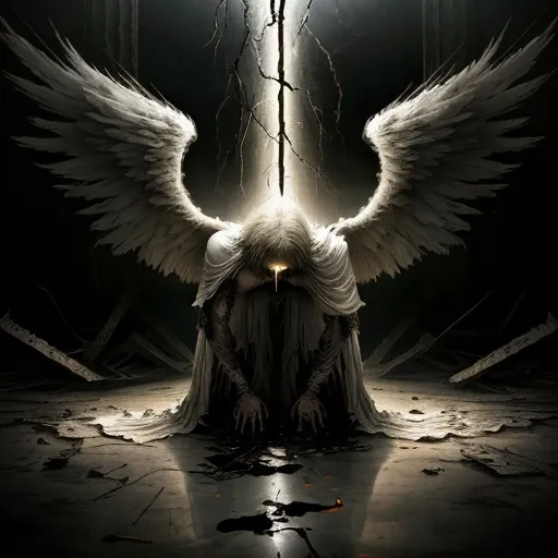 Prompt: Broken and lost Man angel shrouded head bent downwards in darkness surrounded by light


