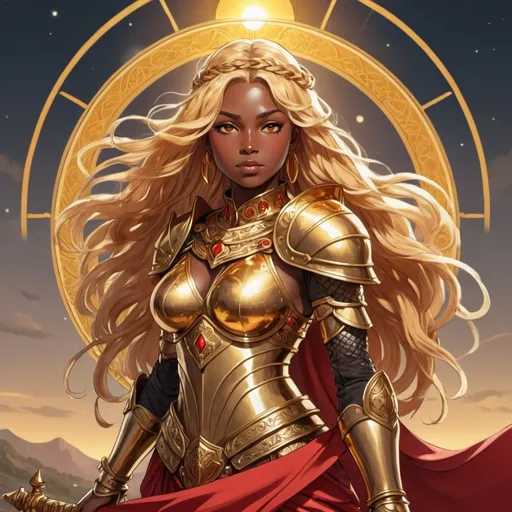 Prompt: tarot card Anime illustration, a golden-haired woman, dark skin, gold eyes, wearing detailed golden armour and red cloth, long hair in singular braid, fuller figure, sun in background, golden halo