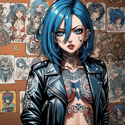 Prompt: anime, girl, detailed, blue hair, bold, very detailed, tattoos, piercings, leather jacket, 