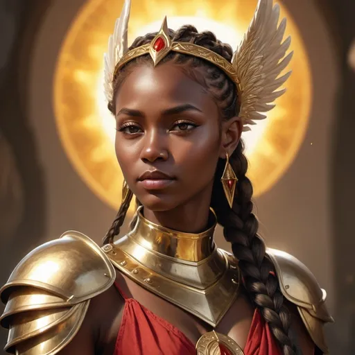 Prompt: hyper-realistic seraphim character with golden spiked halo, fantasy character art, illustration, dnd, warm tone, dark skin, golden hair in braid, gold armour and red cloth, sun goddess, pointed ears