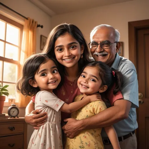 Prompt: Mia wakes up in her cozy bedroom, sunlight streaming through the window, casting a gentle glow on her face. As she rubs her eyes and stretches, she hears a familiar voice outside her door. With a burst of excitement, she rushes to the door and swings it open to find Aaji and Daddu standing there, their faces lit up with big smiles. They hold out their arms, ready for a warm embrace, while Mia's eyes sparkle with joy at the unexpected visit from her beloved grandparents. The scene captures a heartwarming moment of family love and togetherness.