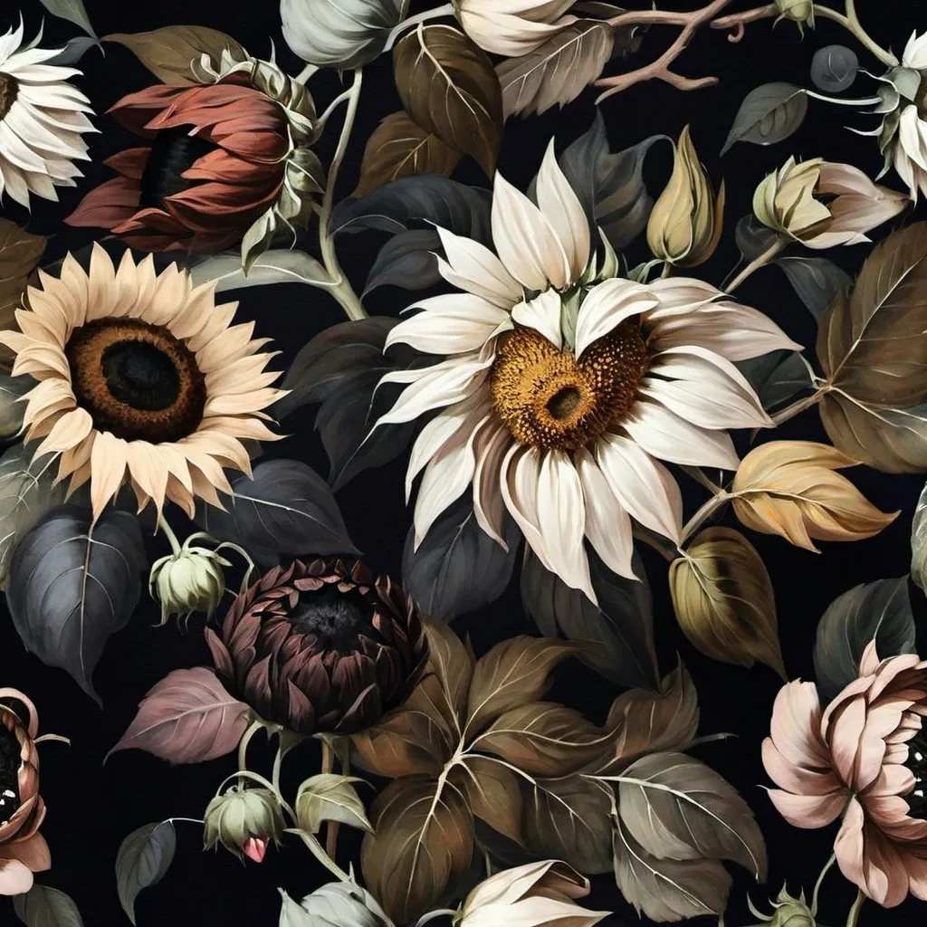 Prompt: dark floral vintage moody painting, dark background, sunflowers