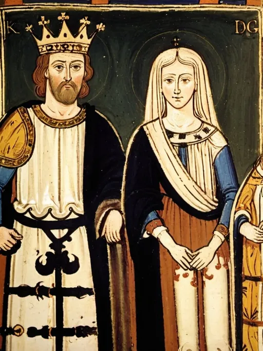 Prompt: Early medieval painting of a man king and queen