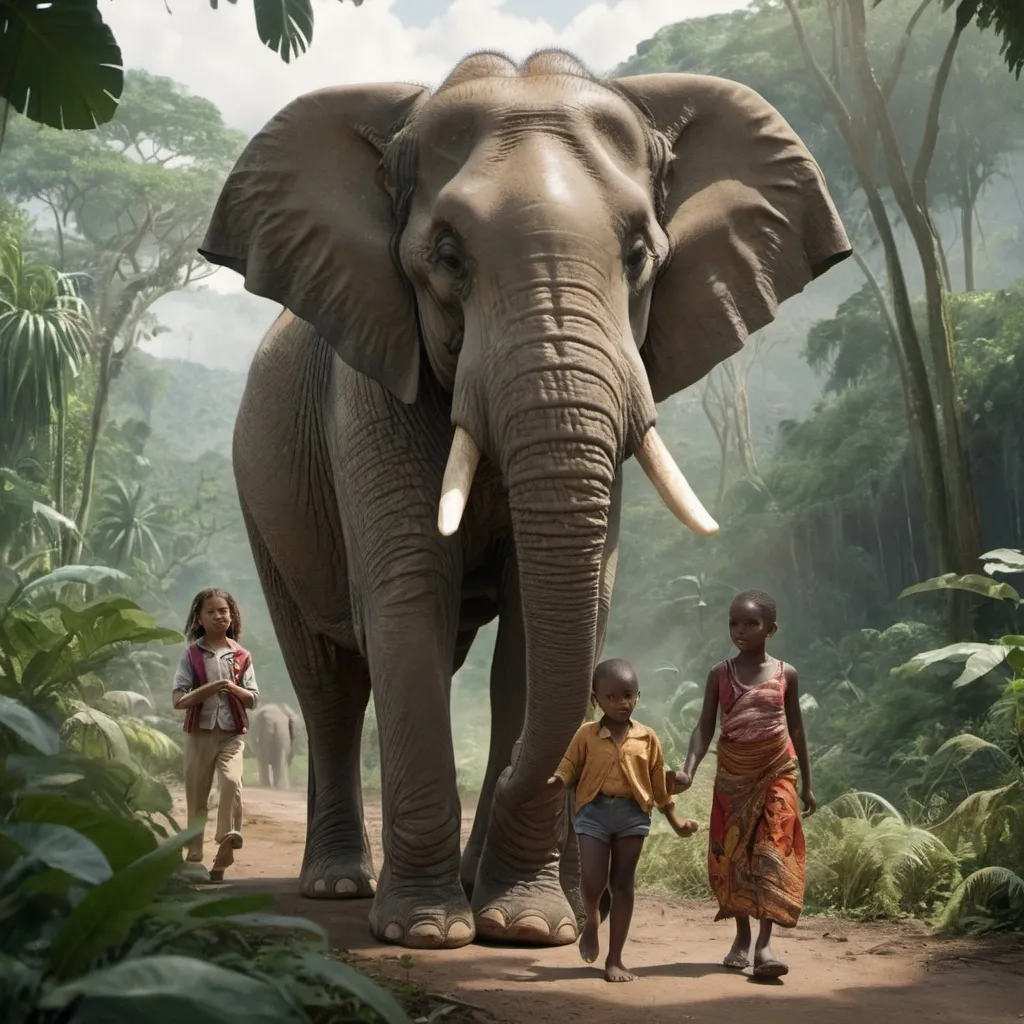 Prompt: a woman and child are walking in front of an elephant in the jungle with other people nearby in the background, Ella Guru, a detailed matte painting