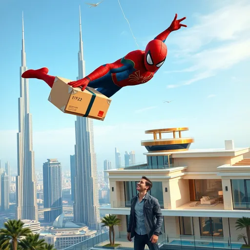 Prompt: Create a realistic scene of Spider-Man in a sleek, modern Spider-Man suit, flying above the cityscape of Dubai. He is carrying a large cargo box securely in one hand, as he swings through the air using his web. Below him, the iconic skyscrapers of Dubai, including the Burj Khalifa, are visible in the background. On the ground, a customer waits eagerly in front of a luxurious villa, ready to receive the delivery. The customer is dressed in modern casual attire, looking up at Spider-Man with a smile. The scene should capture a blend of superhero action with a touch of everyday life, making the moment both exciting and relatable.