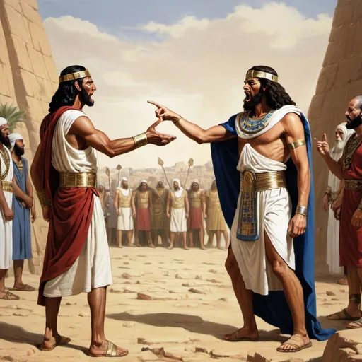 Prompt: Pharaoh and Moses arguing over israelites