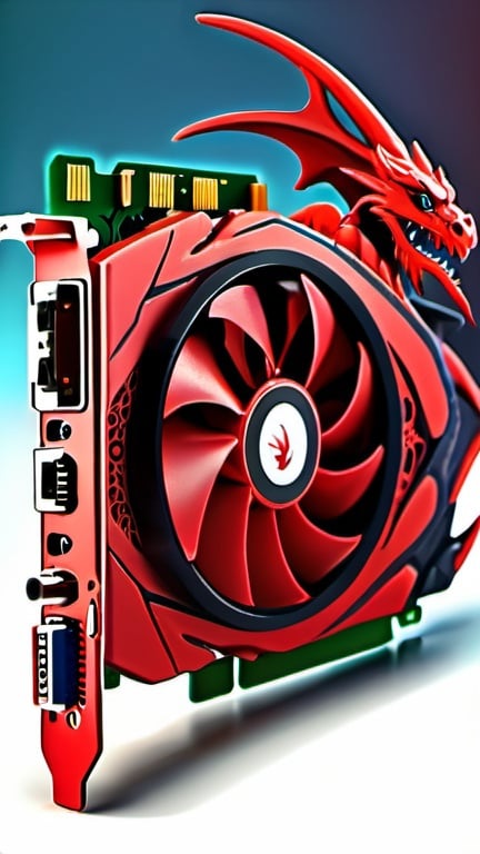 Prompt: Red dragons surrounding a video card, MSI logo, digital art, detailed scales, intense and vivid, fantasy, highres, 3D rendering, fantasy, dragon artwork, vibrant red tones, fierce lighting, professional