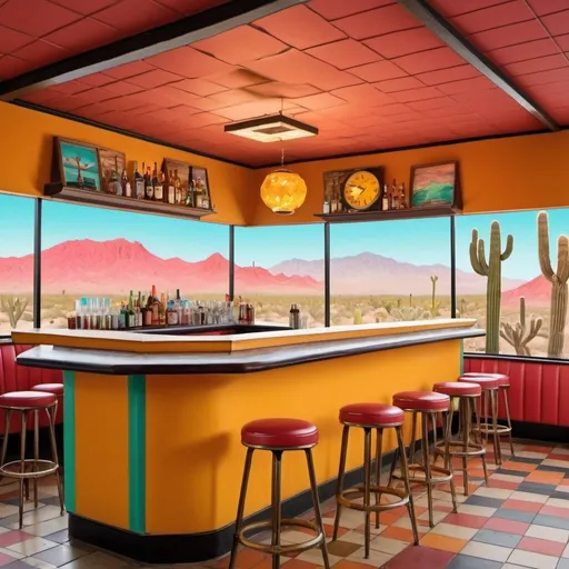 Prompt: from the perspective of the bar a retro bar with vibrant and contrasting colors, with a background depicting a view of the desert that has with cacti.