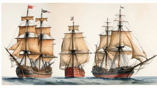 Prompt: european explorer ships, isolated, 18th century, watercolor
