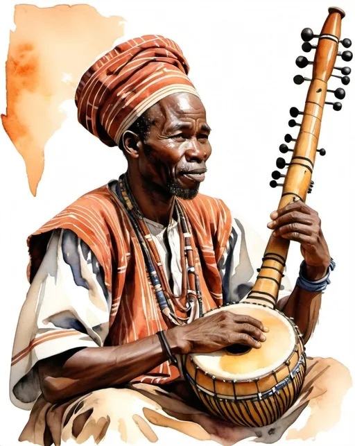 Prompt: mali storyteller, griot, african storyteller, mali culture, ancient Africa, watercolor, isolated, kora, instrument, vertical instrument