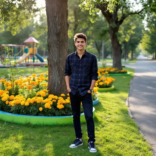 Prompt: Standing amidst a vibrant garden, a young man poses casually beside a sturdy tree, the lush green grass beneath him accentuating the vivid colors of blossoming marigolds encircled by colorful borders of paint—yellow, blue, and green. His dark plaid shirt complements his slim jeans, and he completes the outfit with sporty sneakers, exuding a relaxed yet stylish demeanor. The sunlight breaks through the trees, casting warm rays and creating soft shadows that add depth to the scene. In the background, a playground hints at the park's lively atmosphere, while a faint road suggests a tranquil day filled with leisurely activities. The overall mood is cheerful and inviting, capturing a moment of appreciation for nature and outdoor leisure.