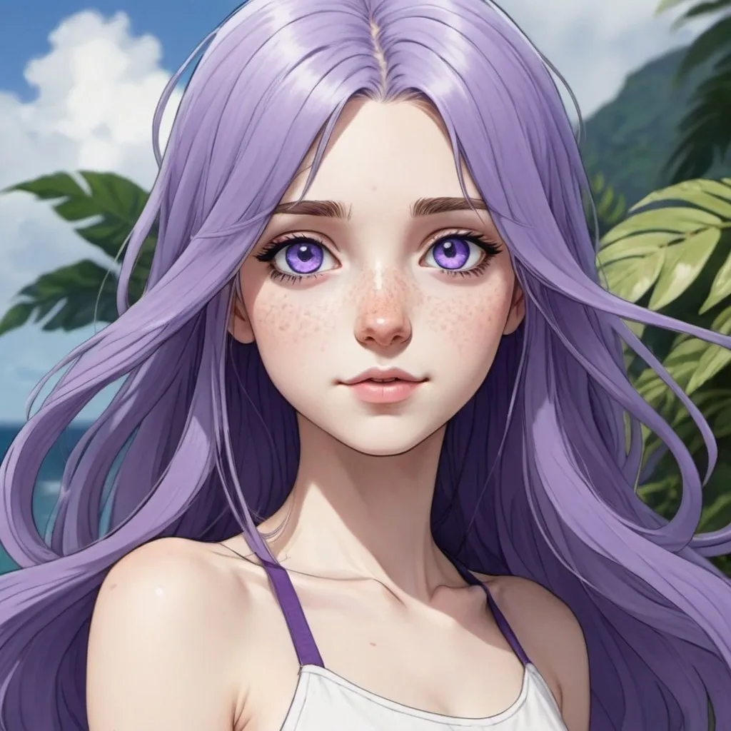 Prompt: anime Tall, young white girl, with freckles, purples eyes, and tropical indigo/lavender indigo long hair. 