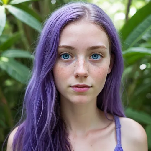 Prompt: Tall, young white girl, with freckles, purples eyes, and tropical indigo/lavender indigo long hair.