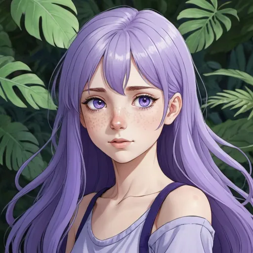 Prompt: anime Tall, young white girl, with freckles, purples eyes, and tropical indigo/lavender indigo long hair. 