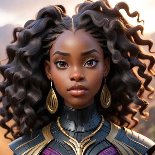 Prompt: black young lady with long wavy hair in wakanda style