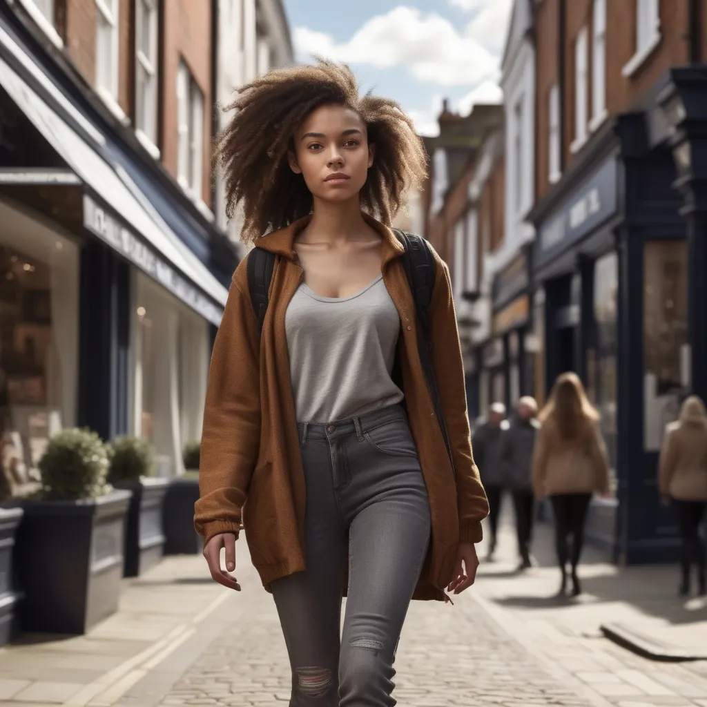 Prompt: mix race Tall young woman walking down the high street, detailed clothing, realistic, natural lighting