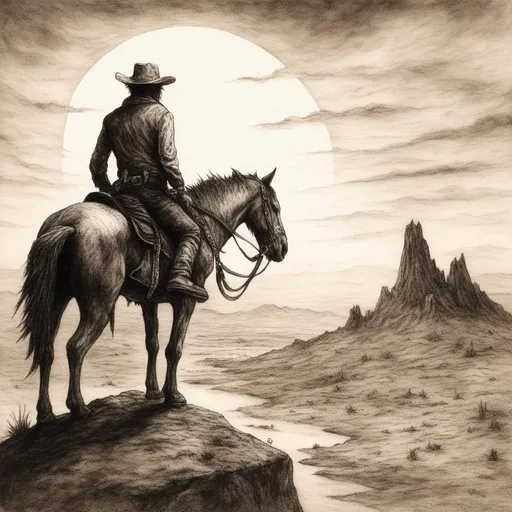 Prompt: <mymodel> sepia ink drawing. cowboy looking at the horizon. american frontier. Fantasy art by Gary d sanchez