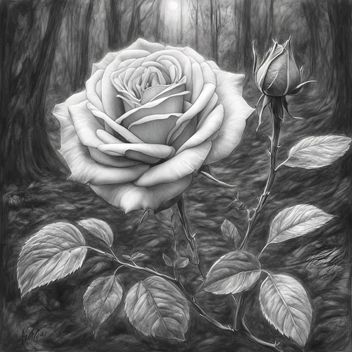 Prompt: <mymodel> pencil sketch graphite drawing of a single rose growing in a forest